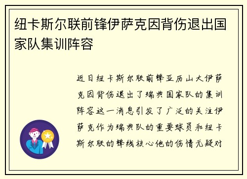 纽卡斯尔联前锋伊萨克因背伤退出国家队集训阵容 纽卡斯尔联前锋伊萨克因背伤退出国家队集训阵容